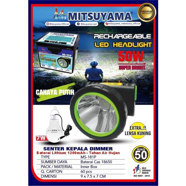 COD SENTER KEPALA PROFESSIONAL HEADLAMP DIMMERl MITSUYAMA MS-181P CAHAYA PUTIH 50 WATT