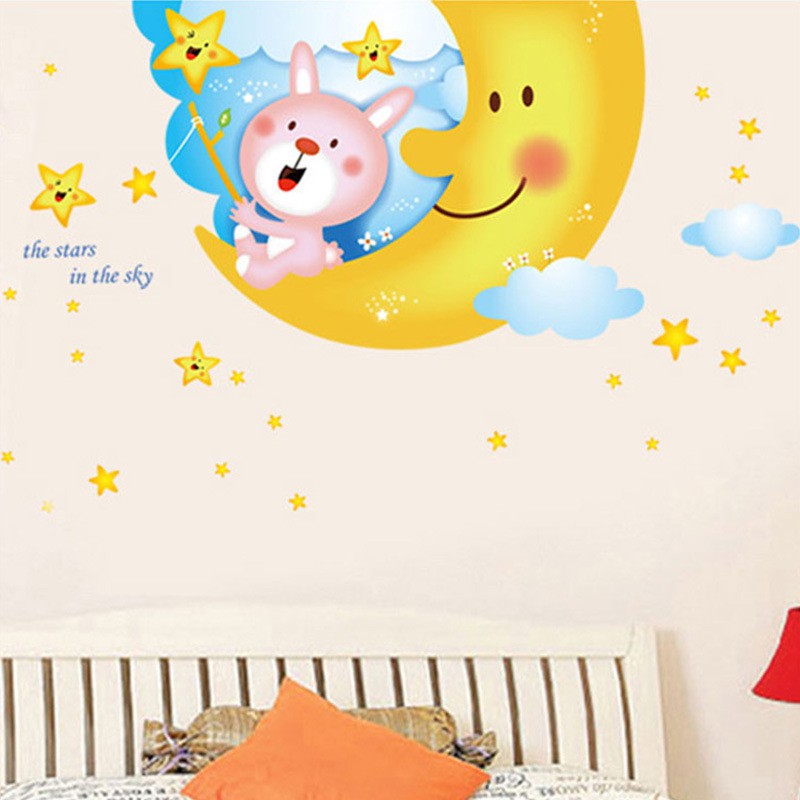 RELIZA WALLSTICKER BULAN SABIT AWAN SMILE ANAK KIDS NICE DREAM ANGKASA BINTANG BIRU KUNING SKY STARS