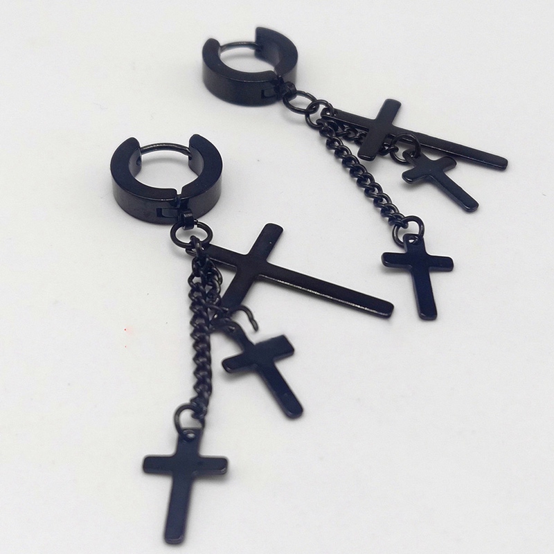 Anting Piercing Tindik Telinga Desain Salib Warna Hitam Bahan Stainless Steel 18g untuk Wanita