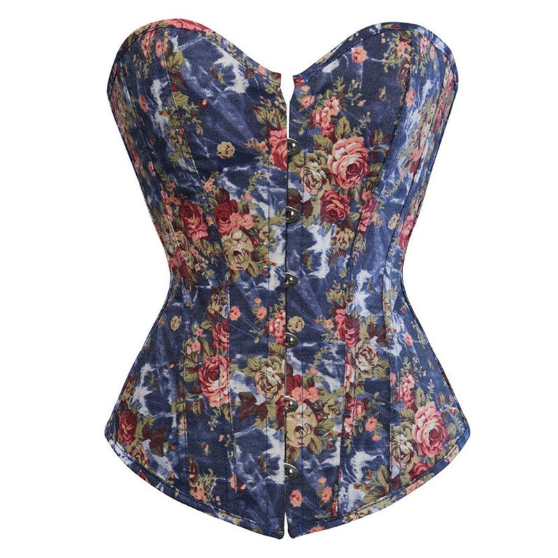 Fashion Corset Women's Vintage Floral Denim Corset Bustie Overbust Burlesque Sexy Lingerie Top Waist