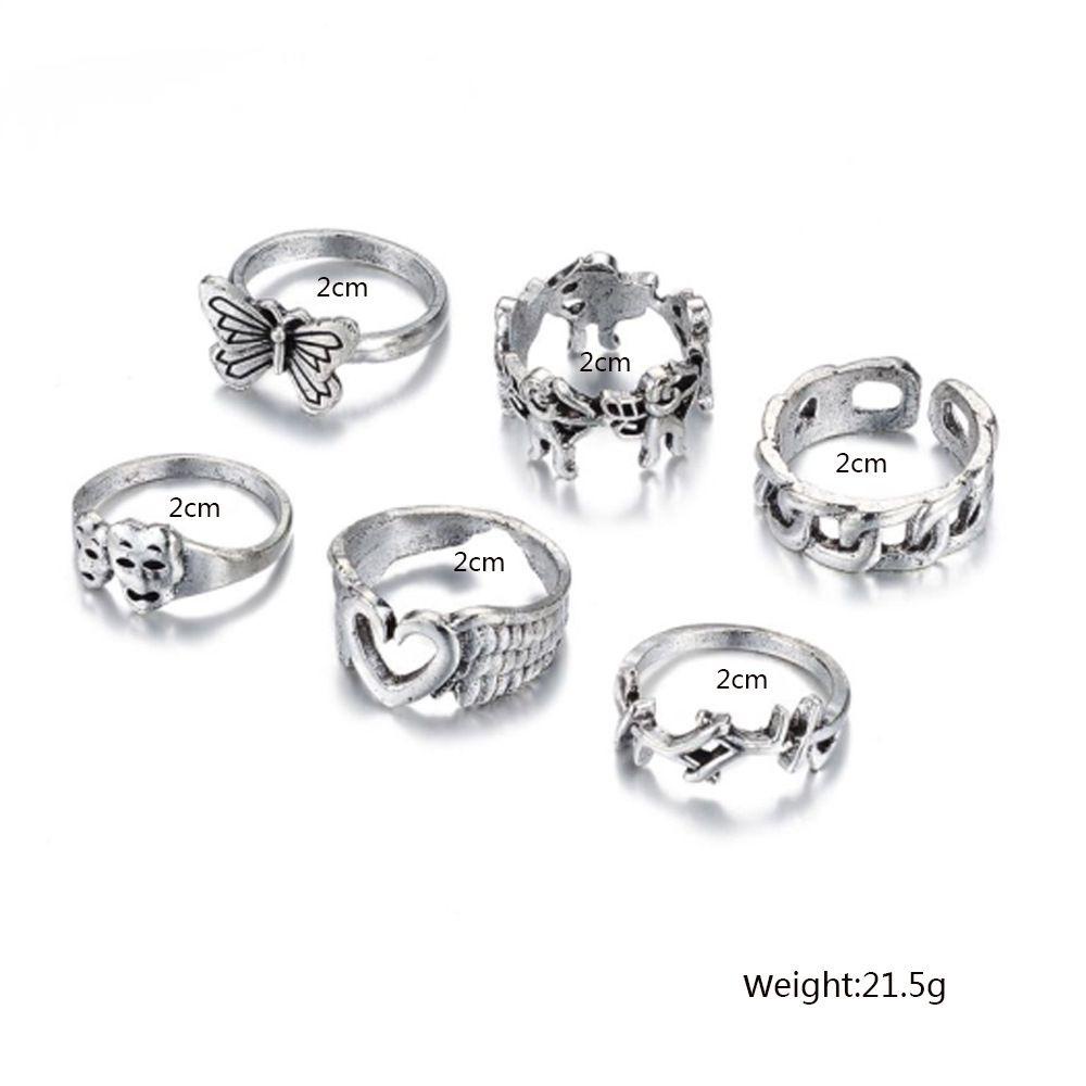 Preva 6pcs/Set Cincin Jari Set Perhiasan Aksesoris Kupu-Kupu Punk Hati Sayap