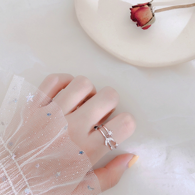 925 Perak Fashion Aksesoris Wanita Korea Flash Berlian Star Moon Double Open Ring exo ring