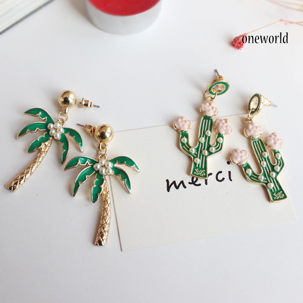 OW@ Cartoon Pineapple Coconut Tree Cactus Pendant Earrings Women Ear Studs Jewelry