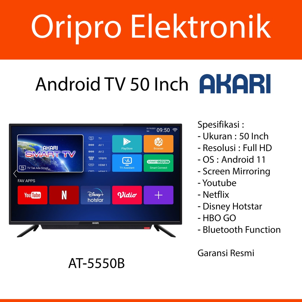 LED Smart TV 50 Inch Android TV 11 Bluetooth Function Akari AT-5550B