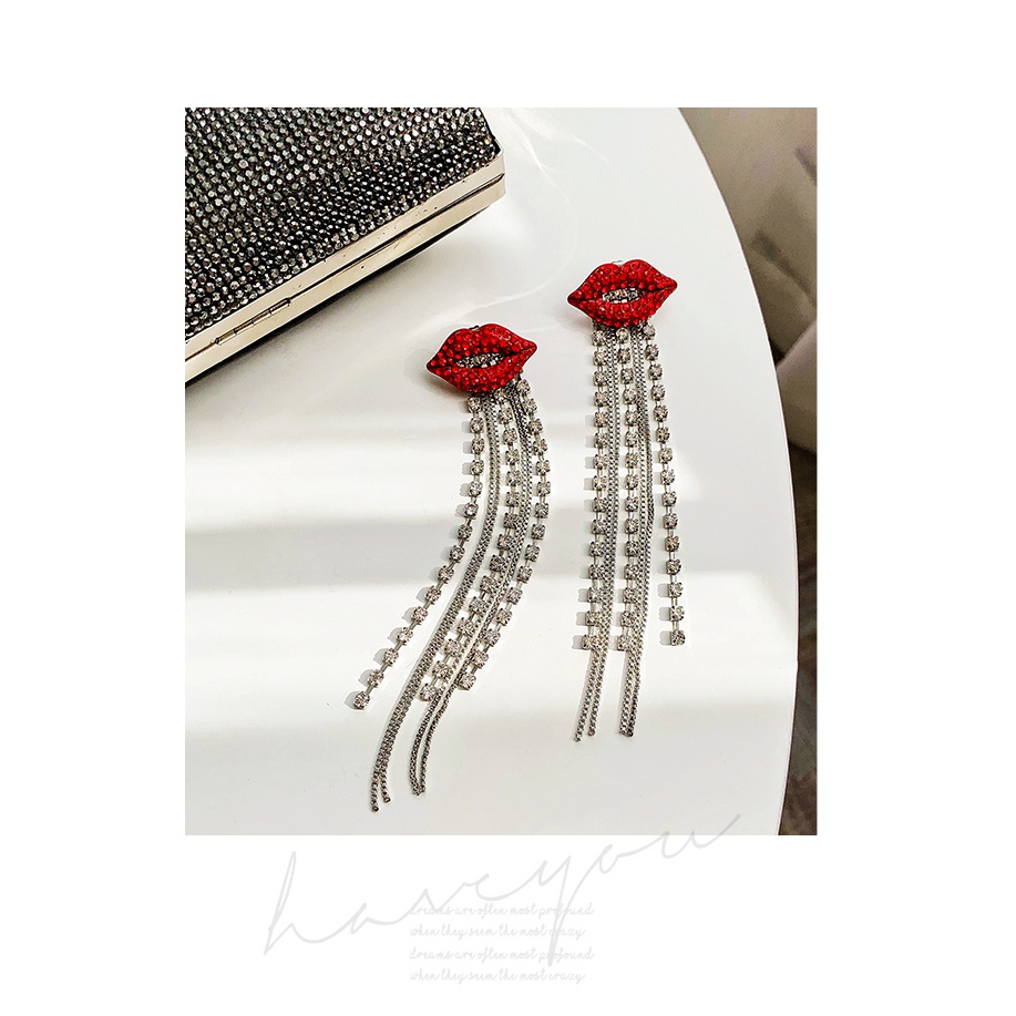 Anting Tusuk Sterling Silver 925 Model Bibir Merah Api Dengan Rumbai Panjang Untuk Wanita