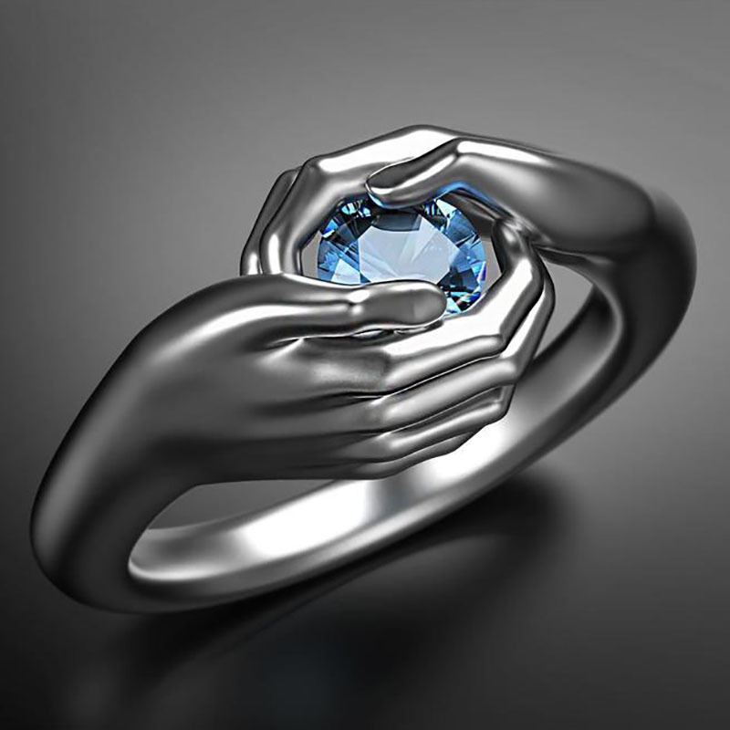 Cincin Desain Sapphire Bibir Aksen Zircon Biru Bahan Metal Warna Silver Gaya Hip Hop Untuk Wanita