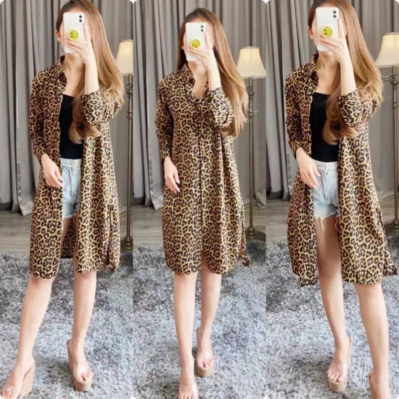 dress kemeja motif macan