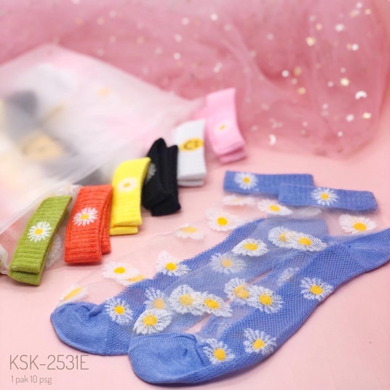 kaos kaki dewasa cewek transparant warna bunga import women socks