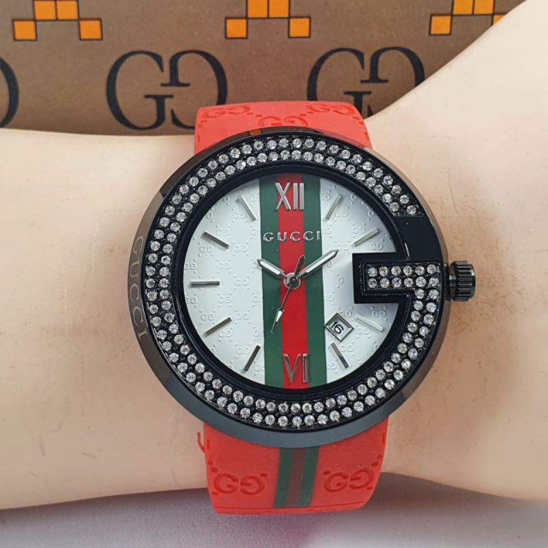 JAM TANGAN WANITA GUCCI DIAMOND RUBBER TANGGAL AKTIF || DIAMETER 4 CM || COD