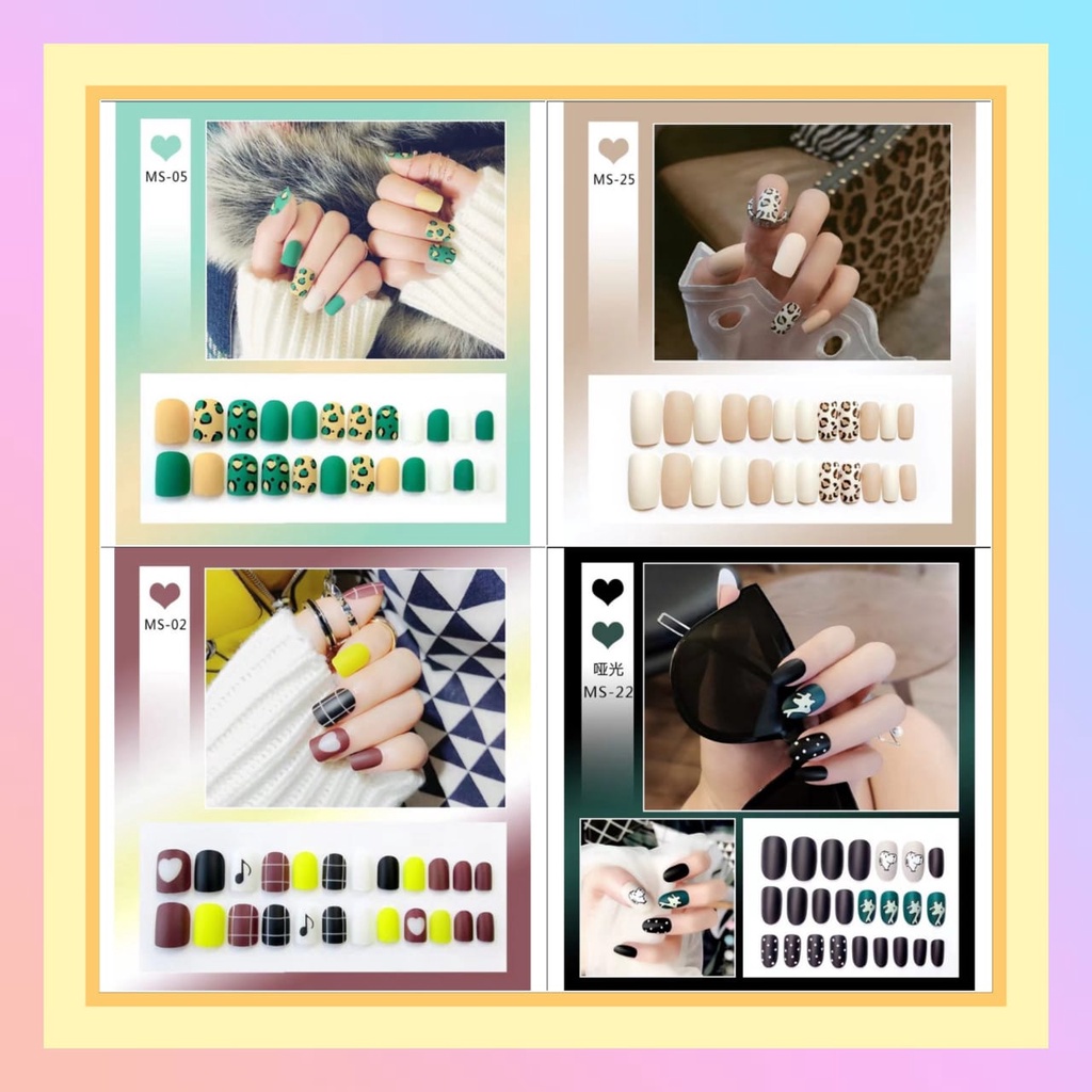 MS-01-MS-025 24 Pcs Kuku Palsu Dan Lem Fake Nail Art 3d Kuku Palsu Tahan Air 24 Pcs Kotak Free Lem 2gr