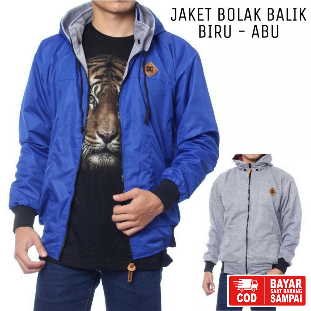 JAKET DC BOLAK BALIK / JAKET MOTOR / JAKET PARASUT HITAM-ABU-1