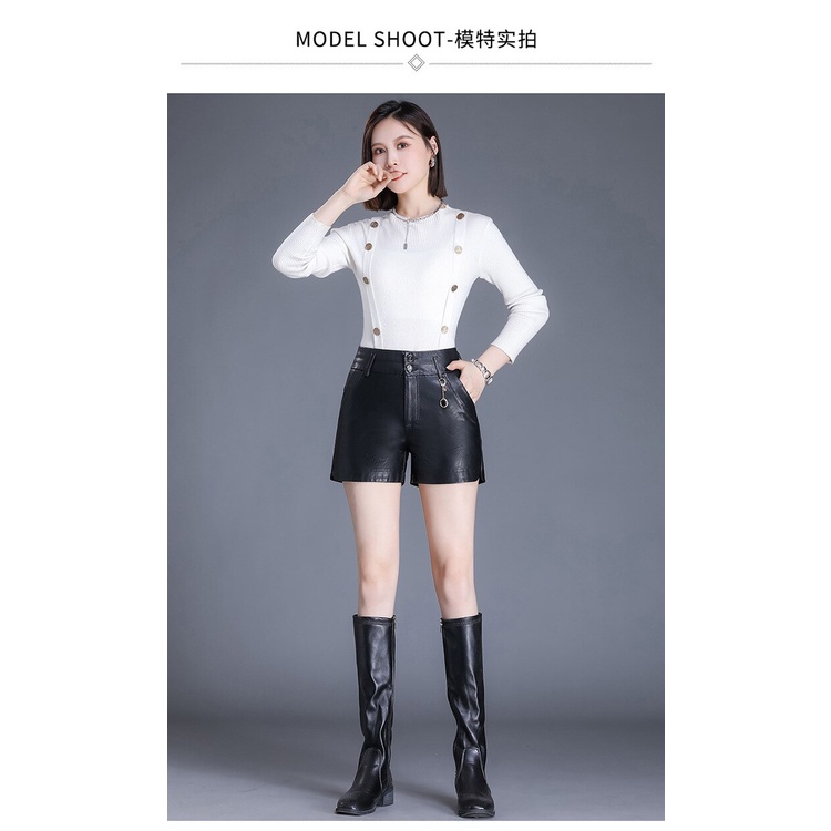 Celana Kulit PU Pendek Wanita Pinggang Tinggi Hitam Musim Semi, Musim Gugur dan Musim Dingin Celana Bot Celana Kulit Lurus Ropa Mujer Terbaru Celana Seksi Model Korea Style Terkini