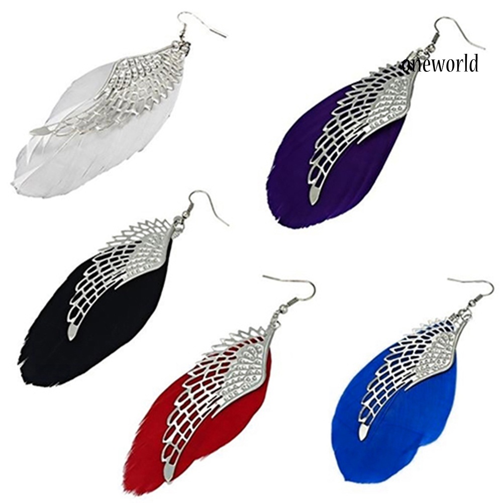 OW@ Angel Metal Wing Boho Handmade Vintage Feather Long Drop Dangle Hook Earrings