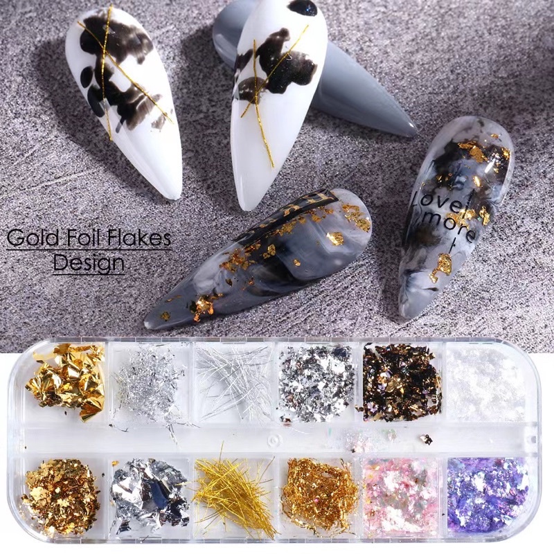 12PCS NAIL STRING GOLD FLAKES MIX COLOR NEW HIASAN NAILART LENGKAP PREMIUM NAILART DECORATION BEST SELLER