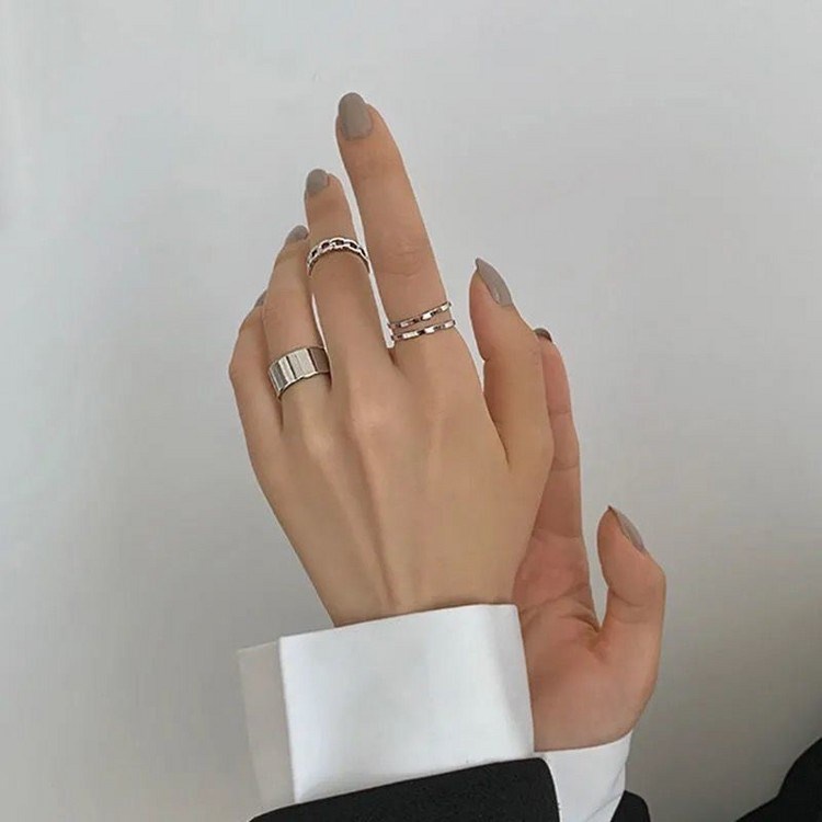 3Pcs/Set Korean Simple Chain Shape Vintage Punk Men Women Fashion Jewelry Silver Titanium Steel Hiphop Cool Girl Couple Rings Adjustable Size