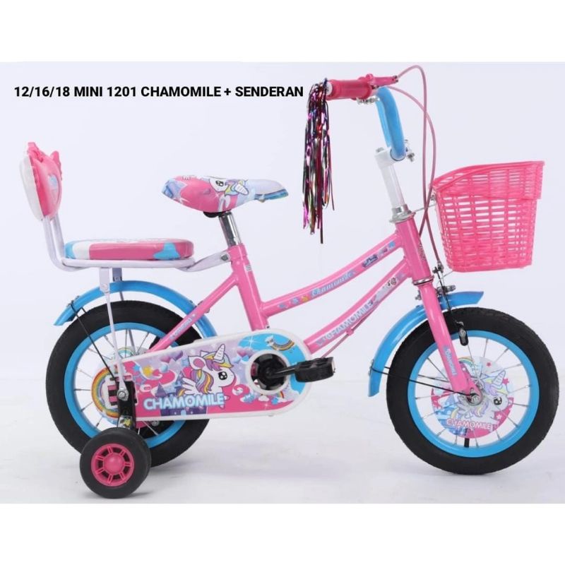 Sepeda Anak Cewek Perempuan Bmx Mini Ukuran 12 inch, 16 Inch &amp; 18 Inch Chamomile 1201 Sandaran Belakang Ban Pompa