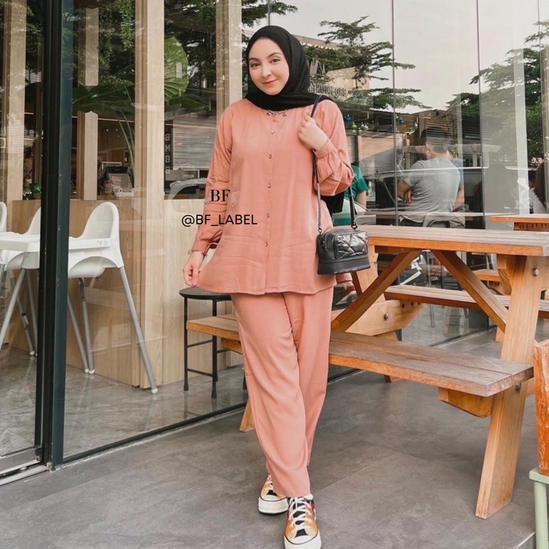 NARA SET | One set rayon polos basic celana panjang kemeja panjang sleepwear piyama by @bf_label BF Label-3
