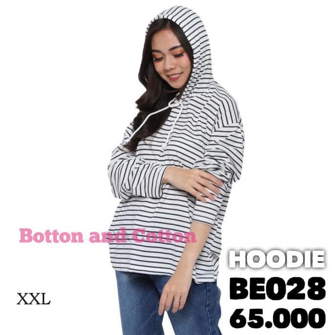 Sale Best Seller Kaos Wanita Hoodie Salur Bahan Spandex - Putih Terbaru