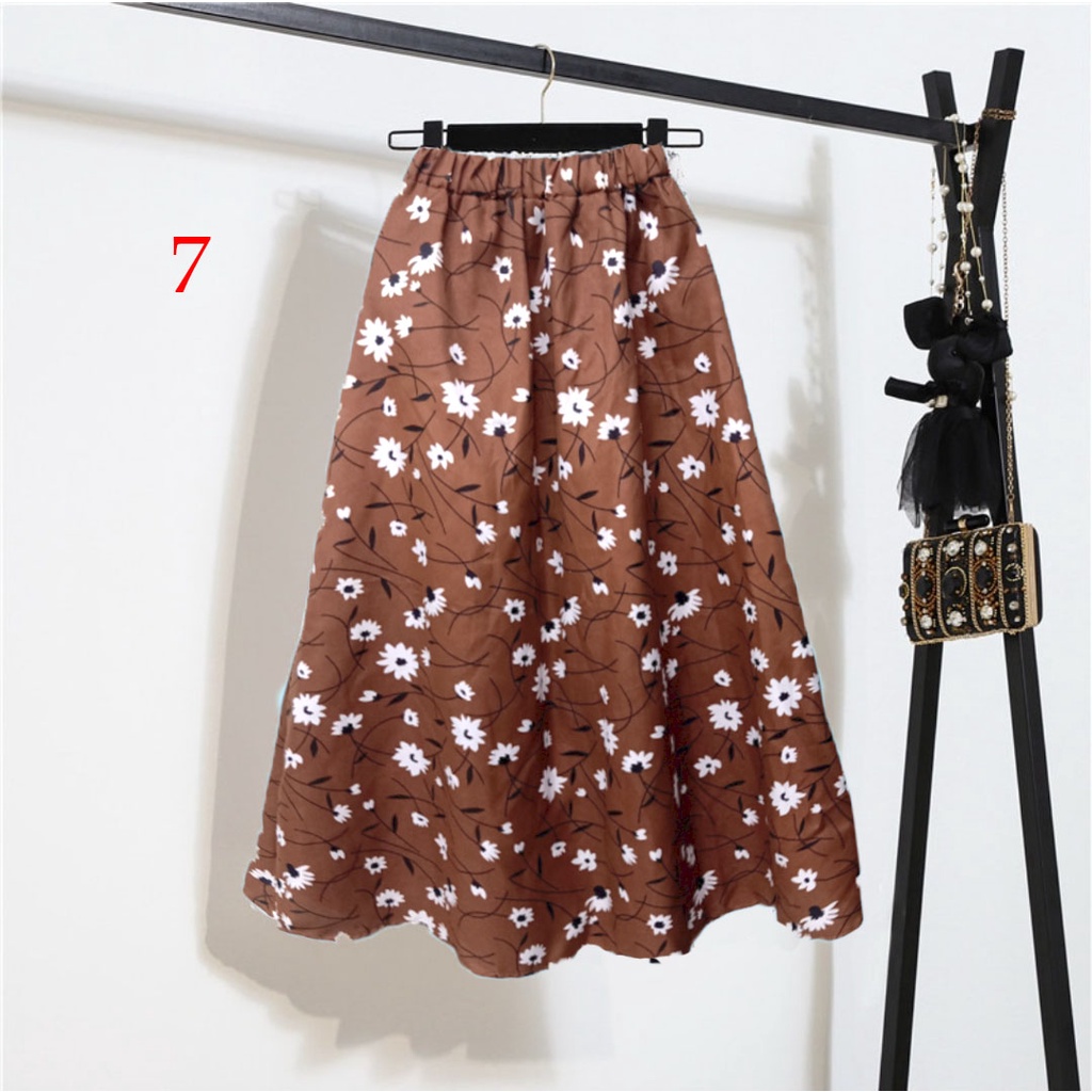 Rok midi a linea casual aneka motif berpinggang tinggi untuk wanita 865