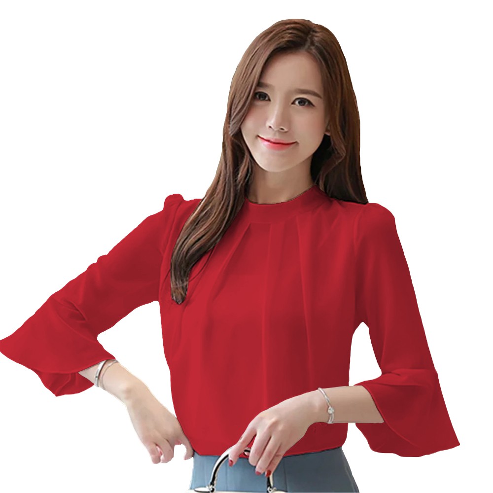 Blus Sifon Gaya Korea tangan 3/4 Variasi tangan terompet - XSHOP Moon