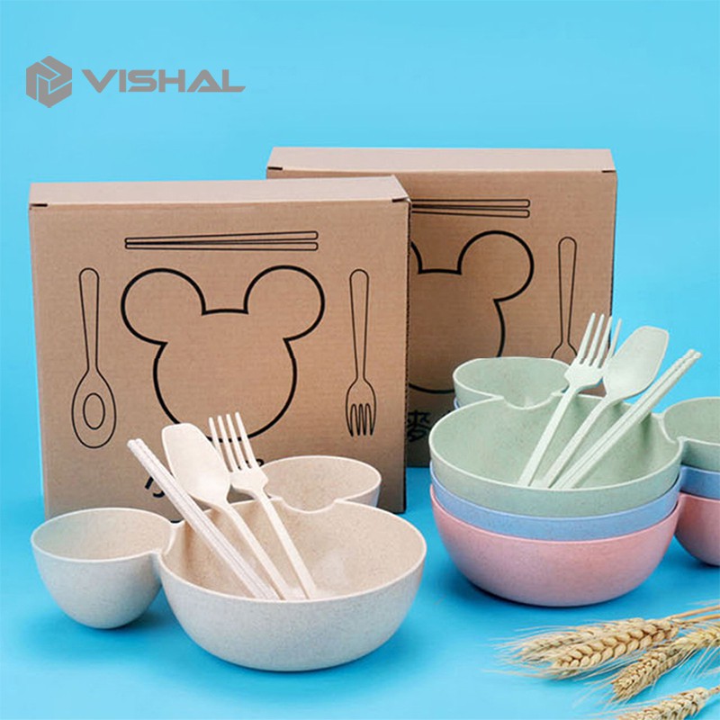 VISHAL Mangkok Set Peralatan Makan Anak 4 in1Bahan Jerami Gandum Children Tableware Piring VS-25