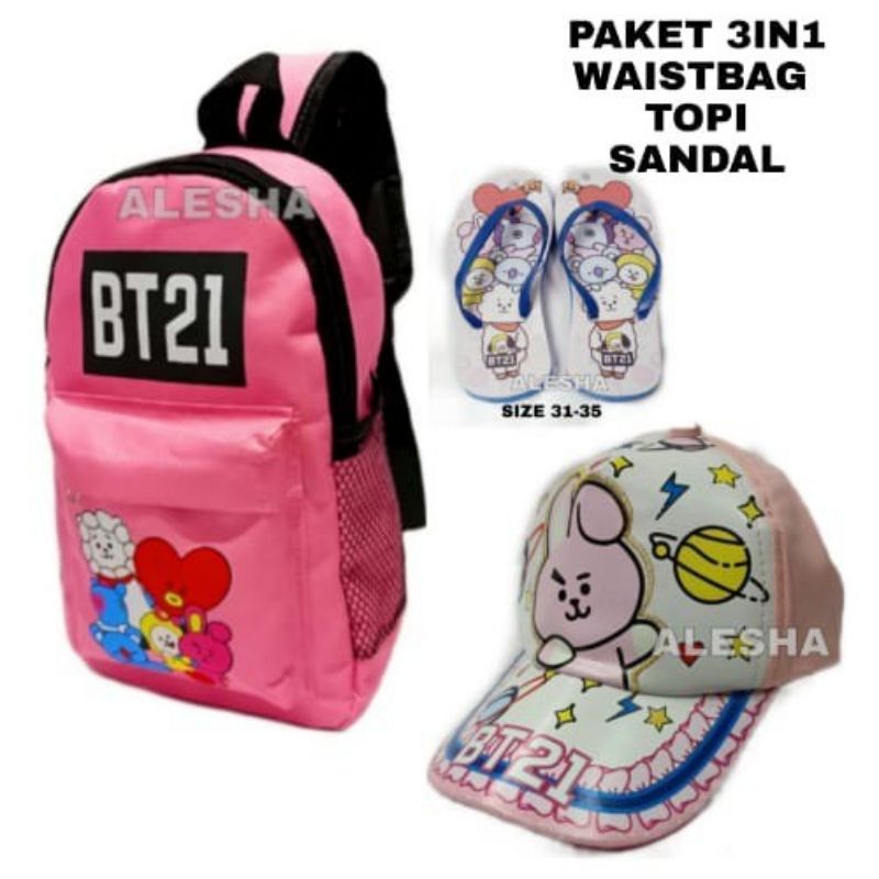 paket tas anak waistbag topi sandal BT21 tas anak perempuan BT21