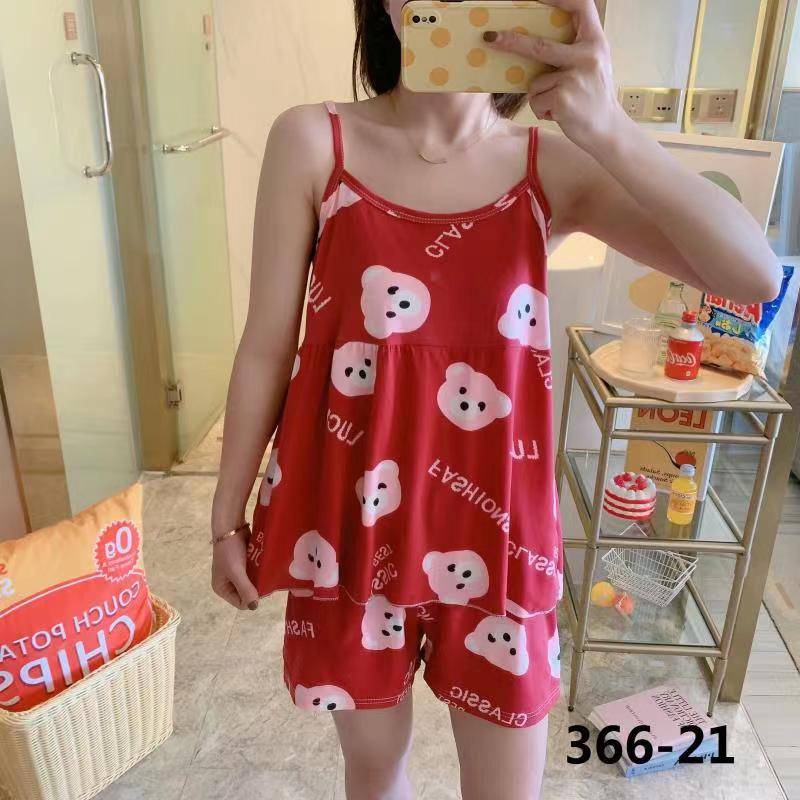 SET BAJU TIDUR WANITA + CELANA KARAKTER LUCU SATIN SNC-SNC MERAH FSHN BEAR