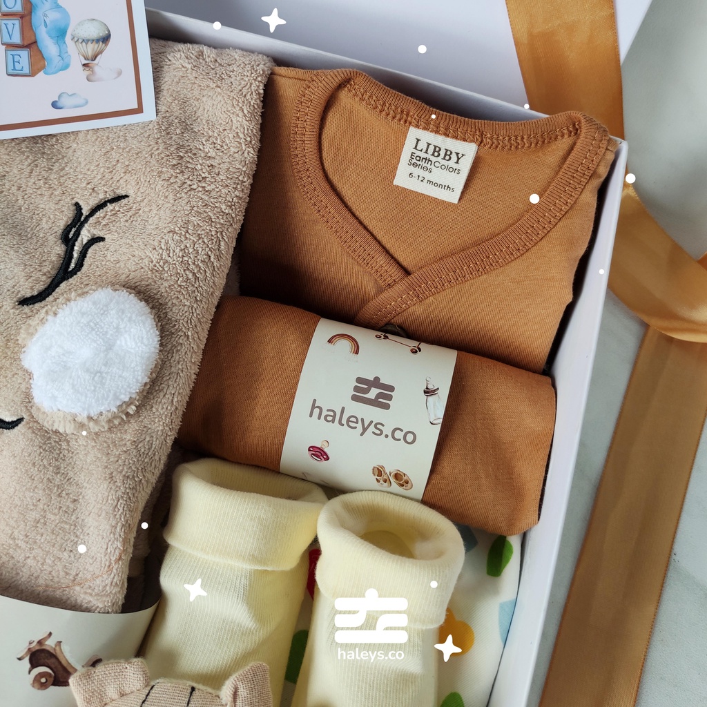 Haleys.co | Ginger Brown Boys Baby Hampers 0-12 months/ Hampers bayi newborn/ Kado bayi/ Babyboy Gift / Kado Lahiran / Giftbox / Kado Bayi Perempuan / Girl Hampers baby / Kado bayi laki laki / Paket Kado Bayi