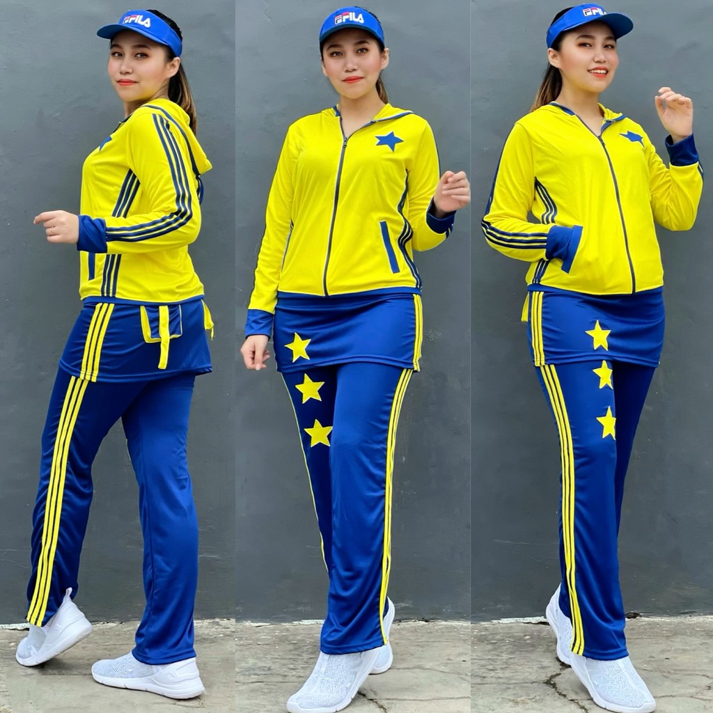 Baju Senam Aerobic Zumba Gym Fitness Jogging Cycling Olahraga Panjang Muslim Rok Bintang Kuning Biru