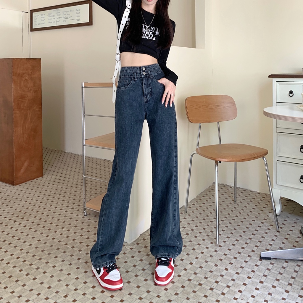 Jeans Wanita Berpinggang Tinggi Longgar Gaya Korea Lurus Berkaki Lebar