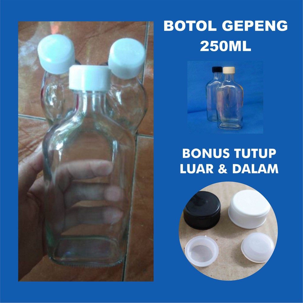 Botol Kaca Gepeng 250 ml + Tutup Ulir & Pop up Botol Madu ASI Jamu Kopi Botol Ikan cupang vas bunga