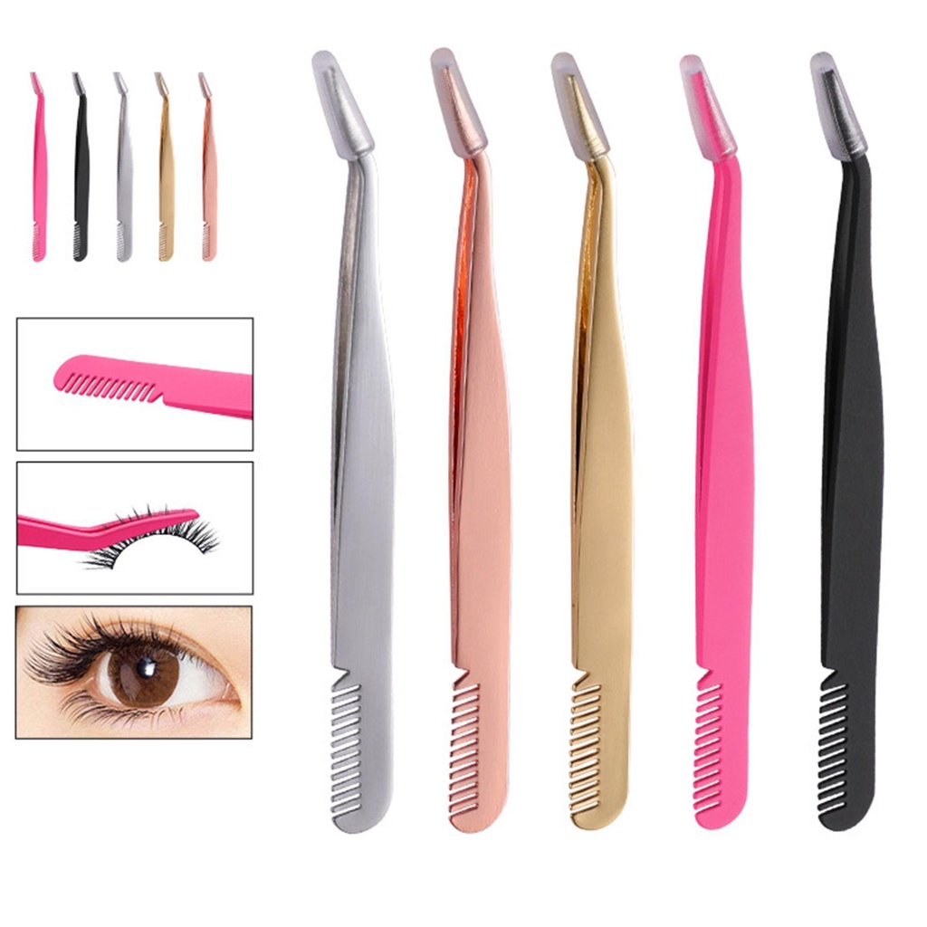 PINEAPPLE Beauty Tool Professional Eyebrow Tweezer Double Eyelids Stainless Steel Tweezers for Eyelash Extension Pinzette Clip Toiletry Kits Eyelashes Extension Curved Pointed Tweezers Eyebrow Brush Comb