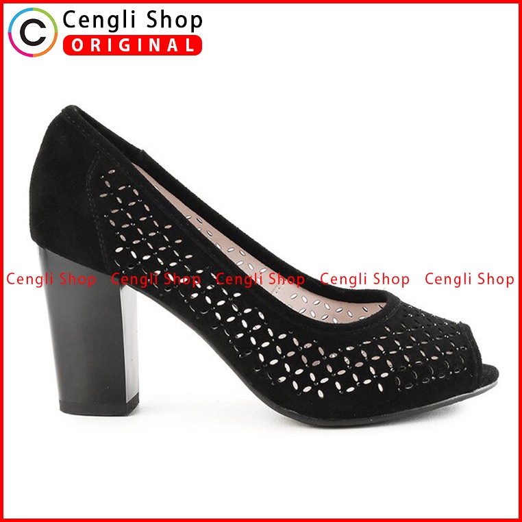 SEPATU HEEL KULIT WANITA OBERMAIN ORIGINAL HEELS BRANDED HITAM OW23