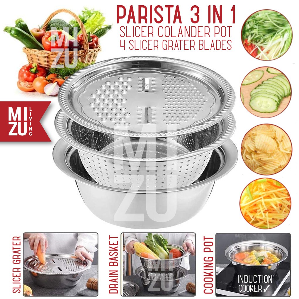 MIZU PARISTA 3in1 Veggie Slicer Colander Bowl Baskom Saringan Pemotong Pemarut Sayuran Stainless