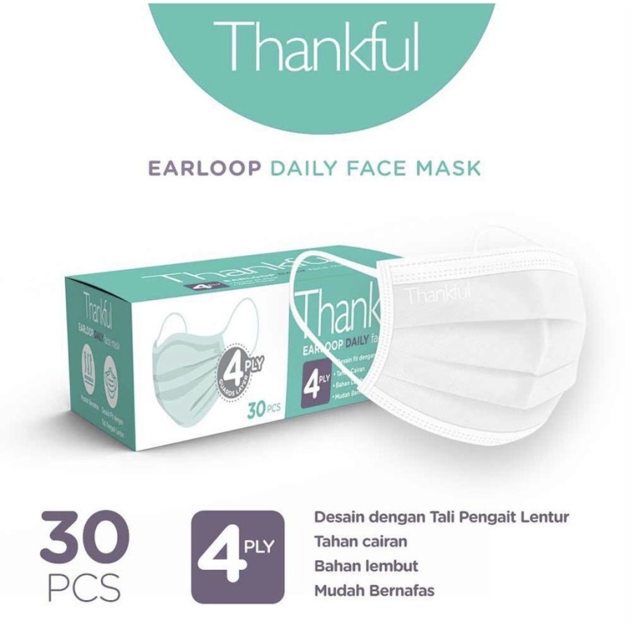 THANKFUL Masker Earloop Daily Mask Dewasa 4 Ply - isi 30 pcs - Putih