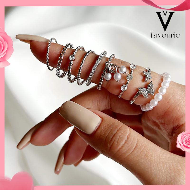 [COD]9 PCS Wanita Tipis Berongga Mutiara Kristal Kupu-kupu Berlian Premium Knuckle Ring Set-FA