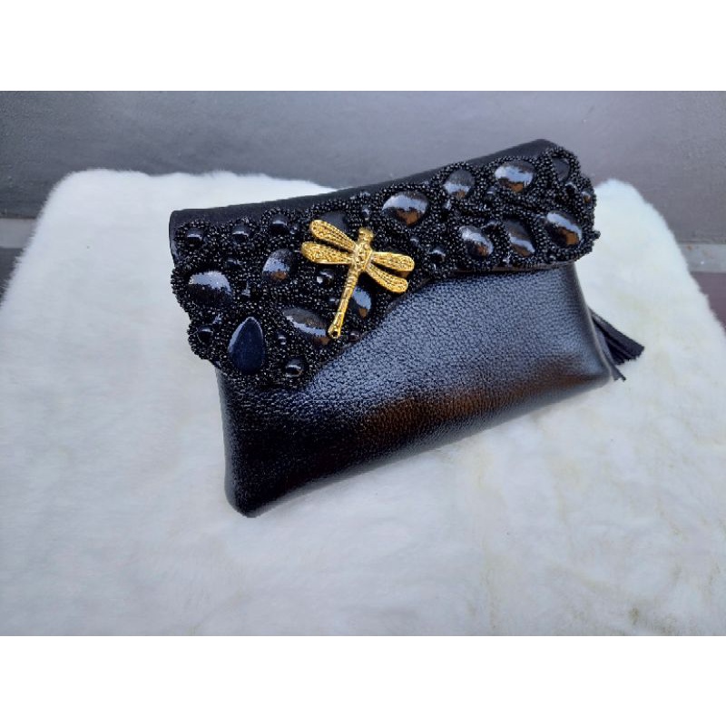 Clutch Pesta Kulit Sapi Asli / Tas Pesta Kulit / Dompet Pesta Hitam / Tas Pesta Batu Alam