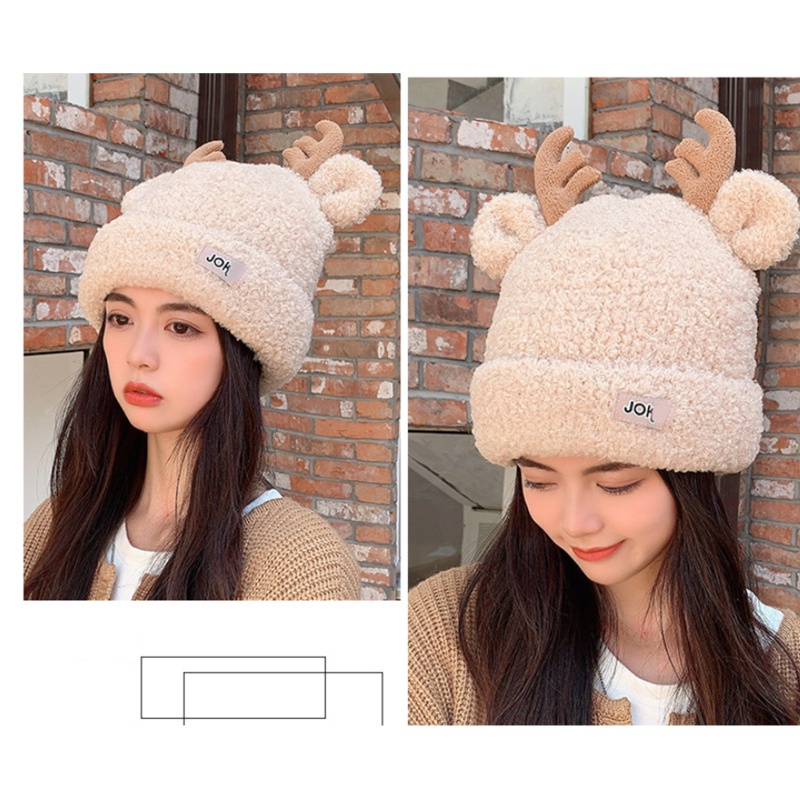 Topi Beanie Pelindung Telinga Bahan Wol Rajut Desain Kartun Tanduk Rusa Untuk Pertemuan Keluarga