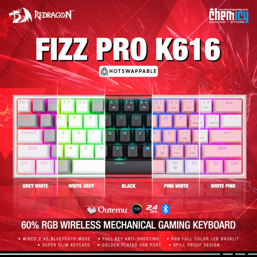 Redragon K616 Fizz Pro 60% Hotswap Wireless Mechanical Gaming Keyboard