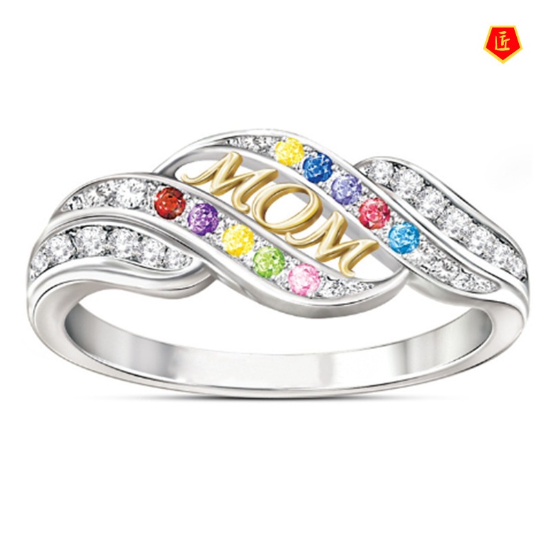 [Ready Stock]Creative Birthstone Two-Color Mom Diamond Gold Ring