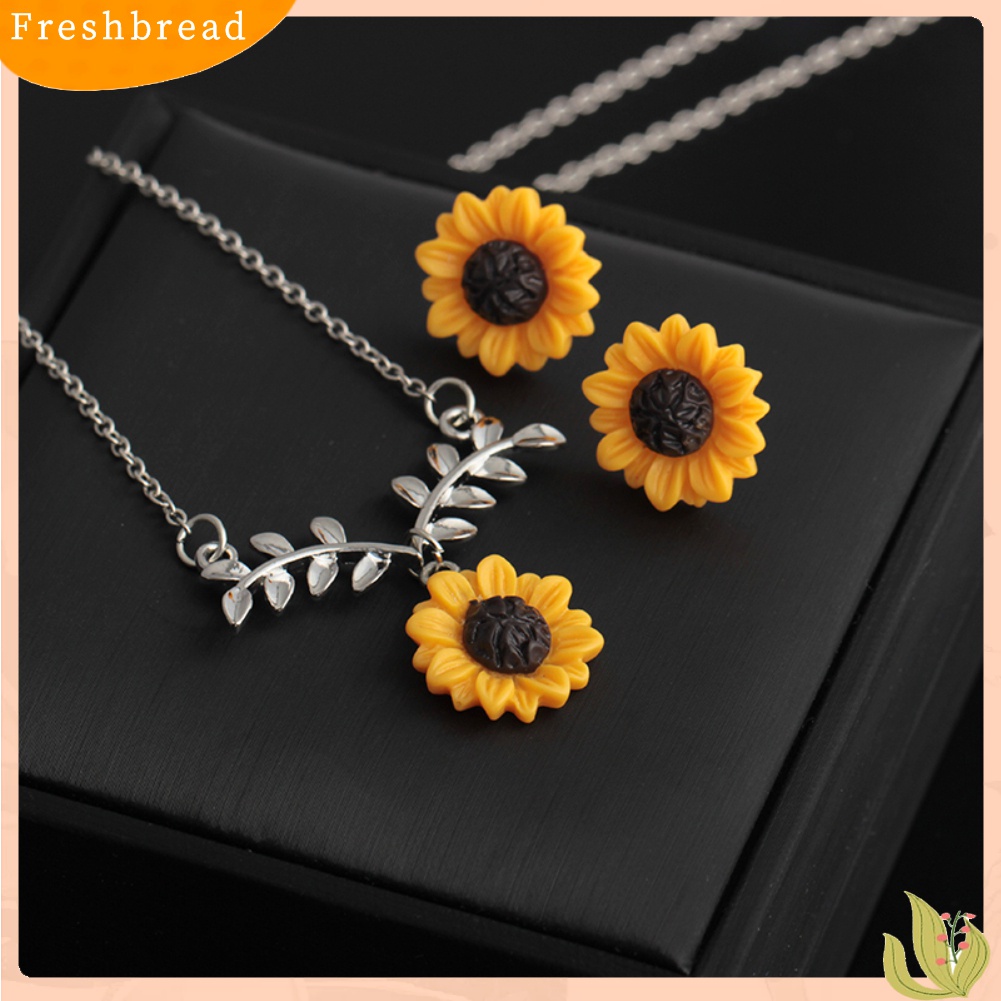 【Fresh】❀Cute Sunflower Leaves Pendant Ear Studs Earrings Necklace Women Jewelry Set Gift