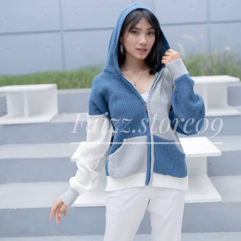 Hoodie TWO-TONE Jaket Rajut OVERSIZE Zipper/Sweater Rajut wanita Hoodie STORE09