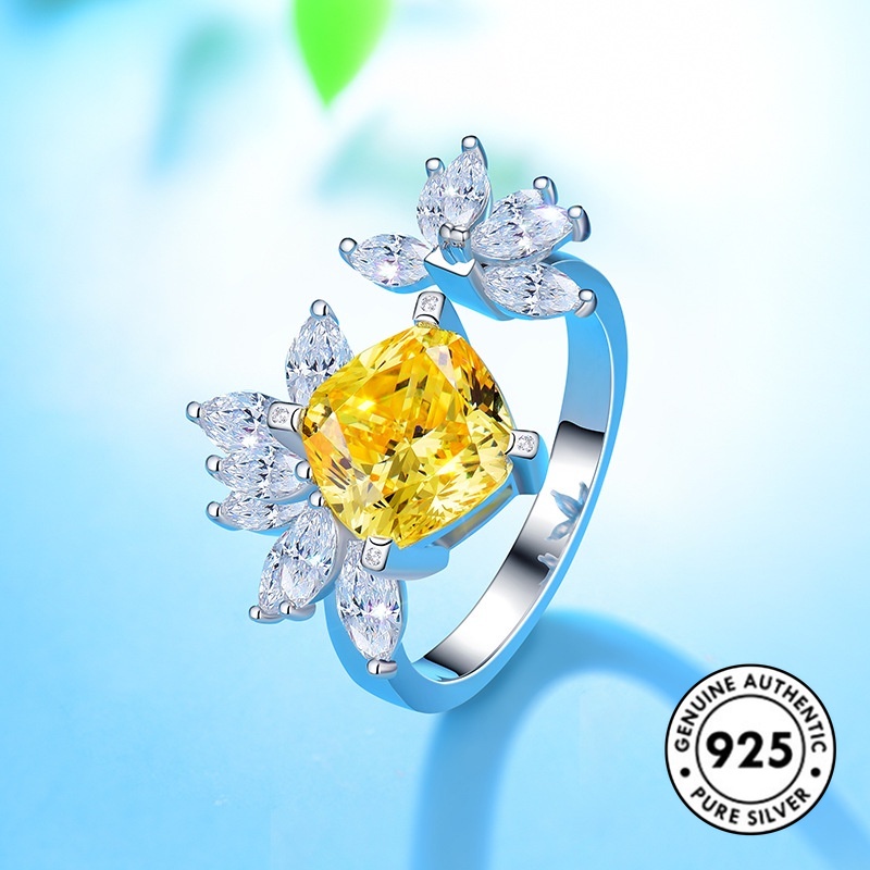 Cincin Model Terbuka Bahan S925 Silver Aksen Berlian Warna Kuning