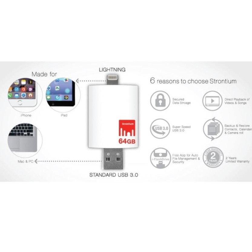 Strontium Nitro iDrive 64GB USB 3.0 - 85MB/s For iPhone/iPad - 700229