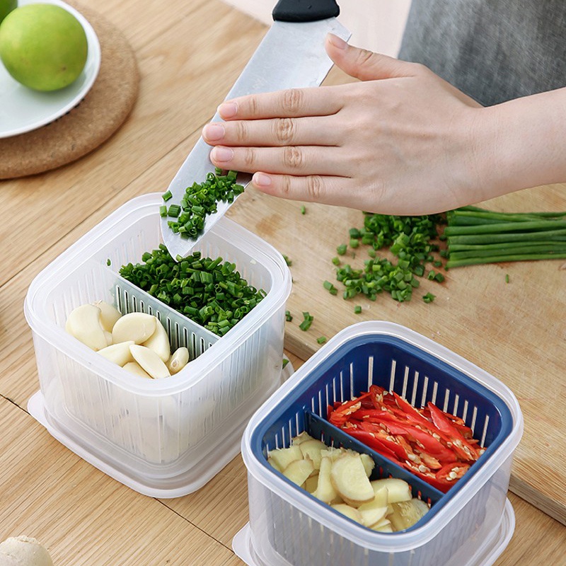 Kotak Penyimpanan Buah Sayur Tertutup Plastik Dapur Kulkas Compartmentalized Green Onion Drain Fresh Box Dengan Tutup