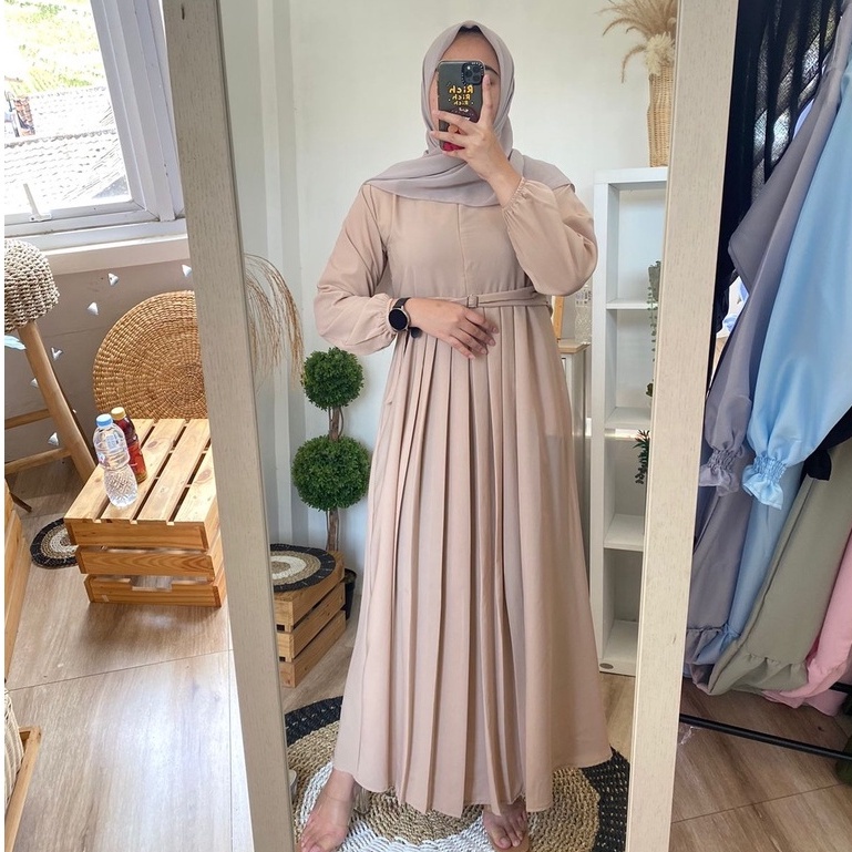 Cyra Dress Gamis Rempel Mewah Resleting Depan Bahan Wolfis | Wolpeach HQ Dilengkapi Belt Cantik  REALPICT BY GABRIELFASHION-Mocca Tua
