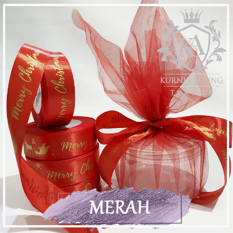 Pita Satin Merry Christmas  Natal + Kain Tile Souvenir Pita Jual Meteran Untuk Bungkus Souvenir Hampers Natal