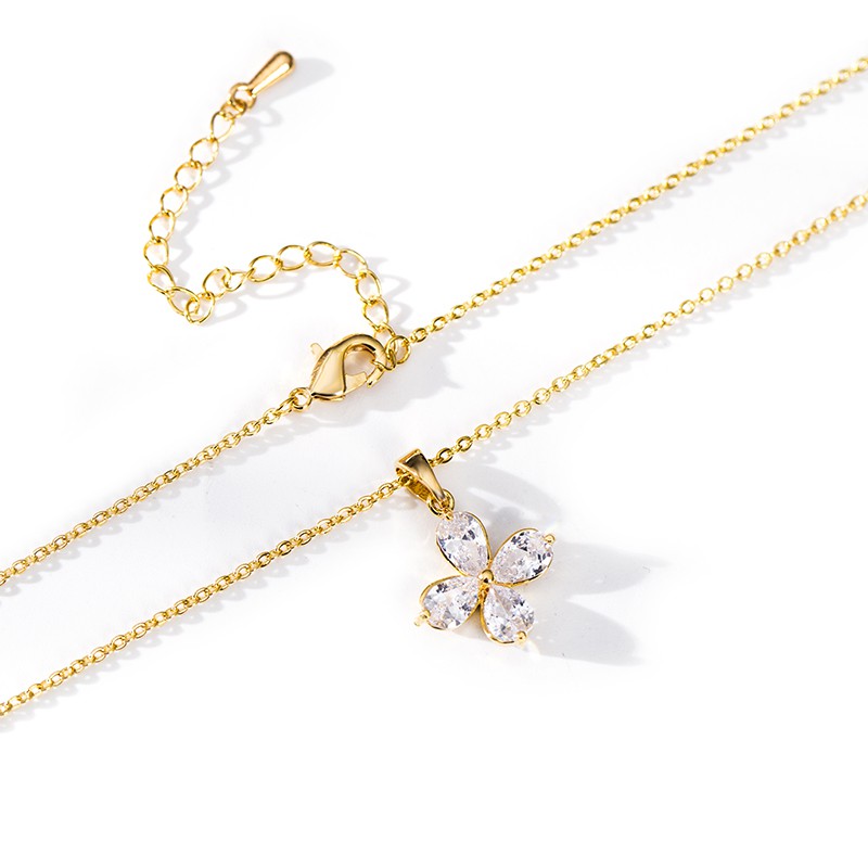 2021Ins Full Zircon Four Leaf Clover Pendant Kalung Rantai Klavikula Berlapis Emas Tembaga Perhiasan