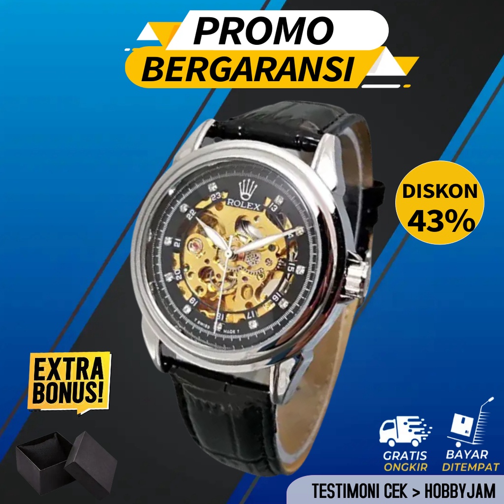 JAM TANGAN PRIA ROLEX SKELETON DIAMOND KULIT AUTOMATIC ROLEX AUTOMATIC KOMBINASI HITAM