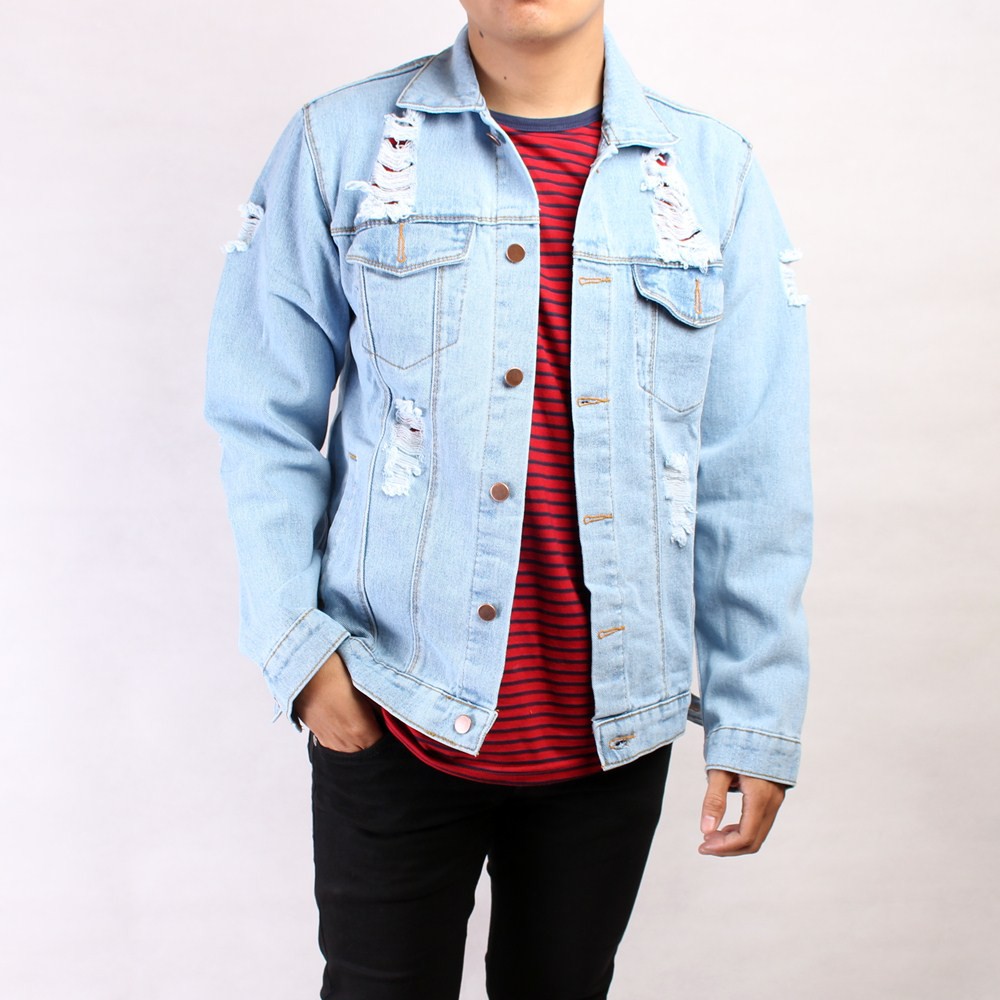 Jaket Jeans Pria Sobek / Jaket Jeans Ripped Pria Biru Muda